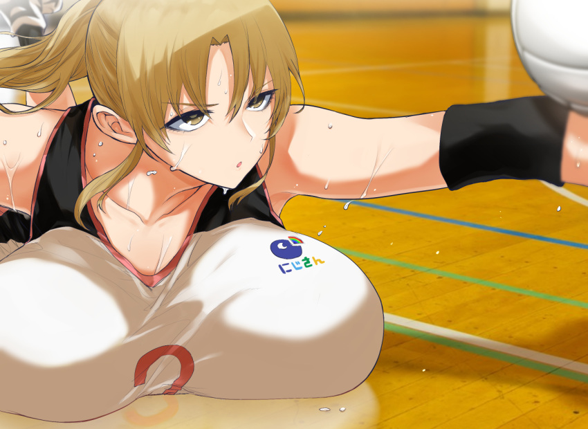 1girl ball bare_shoulders blurry blurry_background breast_focus breast_press breasts breasts_apart brown_eyes collarbone copyright_name elbow_pads gym huge_breasts indoors light_brown_hair long_hair lying nijisanji on_floor on_stomach parted_lips ponytail reaching reflection ricochet-gou shirt sister_cleaire sleeveless solo sportswear sweat v-shaped_eyebrows volleyball volleyball_(object) volleyball_uniform white_shirt wooden_floor