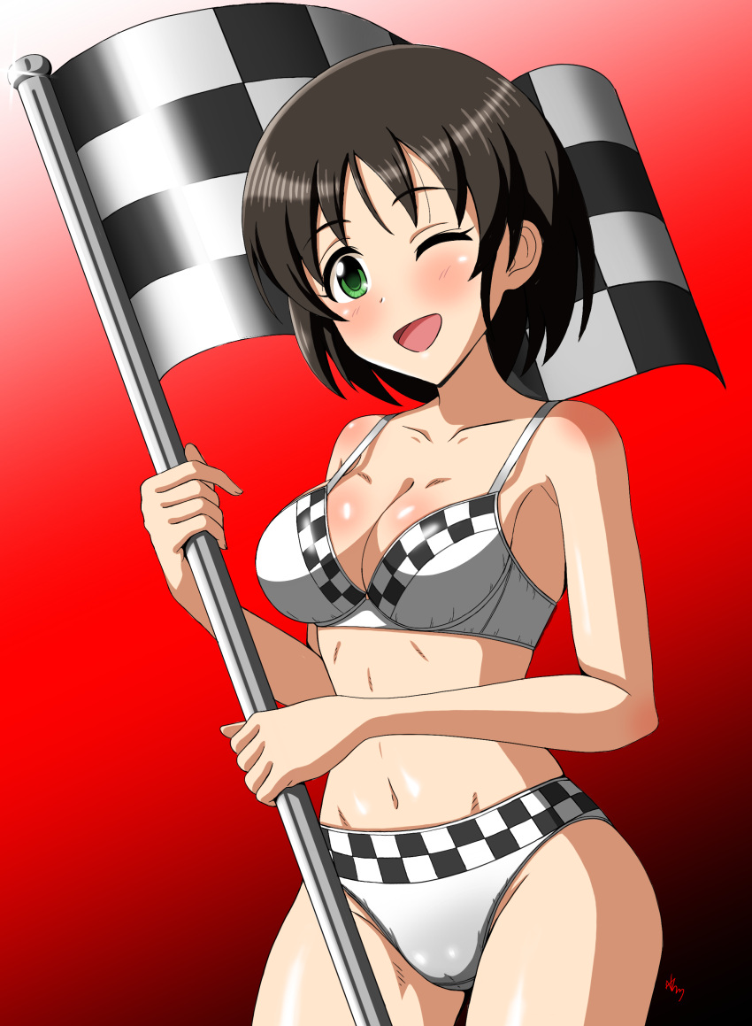 1girl absurdres artist_name black_hair blush bra breasts checkered_flag commentary cowboy_shot crotch_seam english_commentary flag gradient_background green_eyes groin harada_miyo highres holding holding_flag idolmaster idolmaster_cinderella_girls looking_at_viewer medium_breasts navel one_eye_closed open_mouth panties print_bra print_panties red_background short_hair signature smile solo underwear underwear_only vzmk2 white_bra white_panties