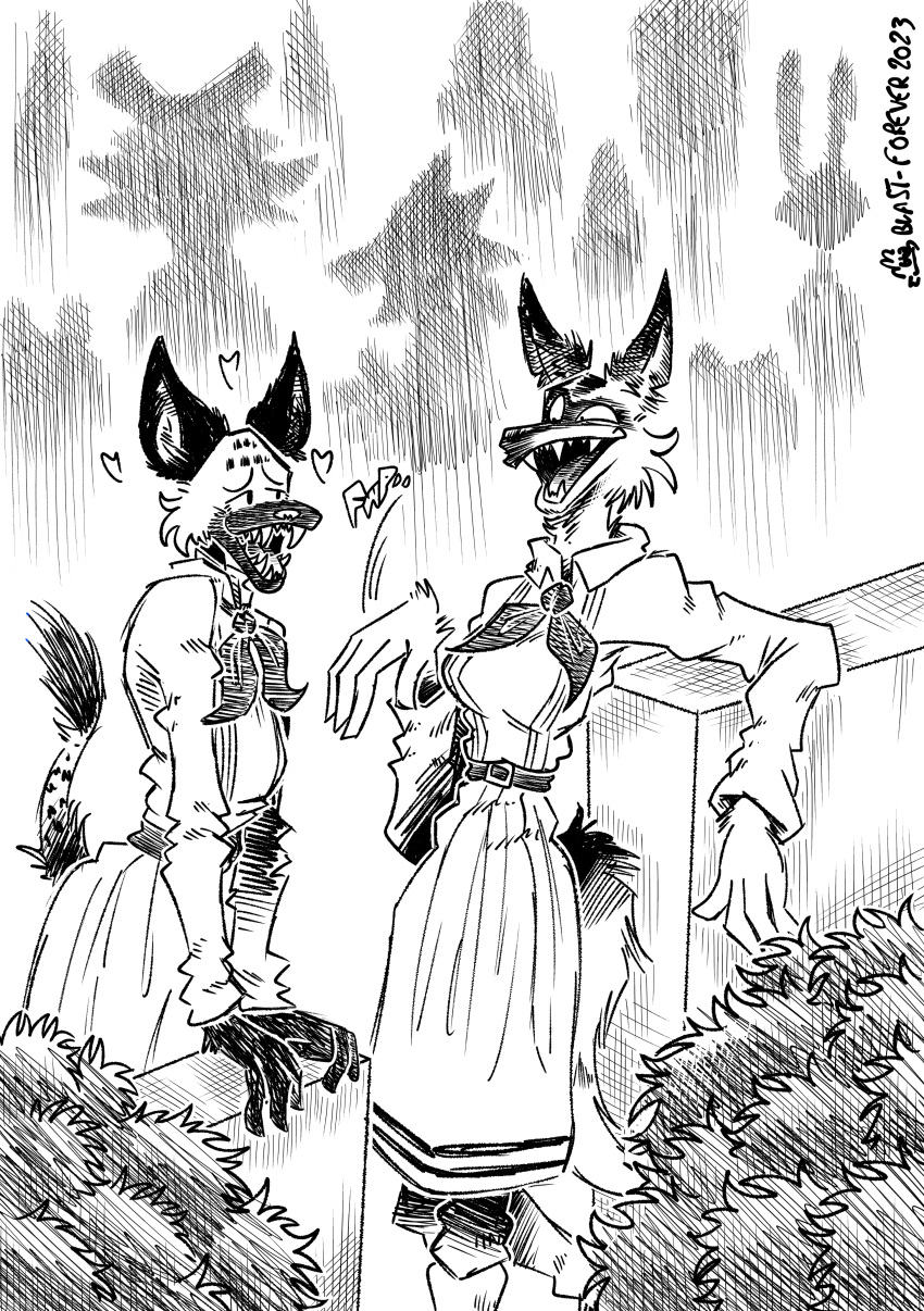 &lt;3 4_fingers abstract_background absurd_res anthro beastars black_and_white blush canid canine canis clothed clothing coyote crossgender durham_(beastars) female female/female fingers flirting fully_clothed fur hi_res hyena mammal miguno_(beastars) monochrome plant romantic shrub sketchy small_waist smile smiling_at_each_other smiling_at_partner spots spotted_body spotted_fur spotted_hyena teeth yanisp5