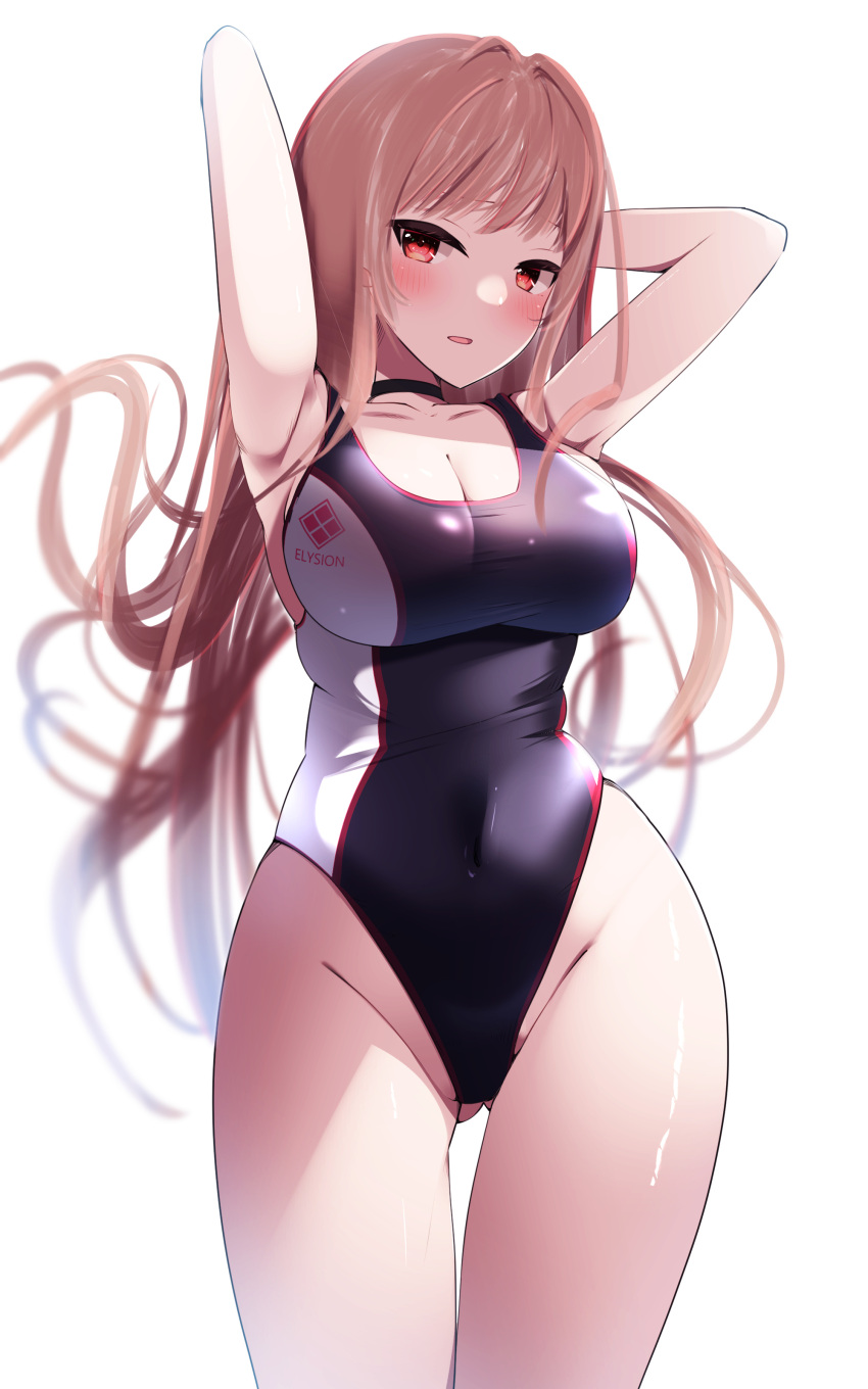 1girl absurdres beach black_choker black_one-piece_swimsuit breasts brown_hair choker cleavage commentary_request competition_swimsuit goddess_of_victory:_nikke highres large_breasts long_hair looking_at_viewer one-piece_swimsuit open_mouth rapi_(nikke) red_eyes simple_background solo swimsuit tetori_(tetolisto) two-tone_swimsuit white_background