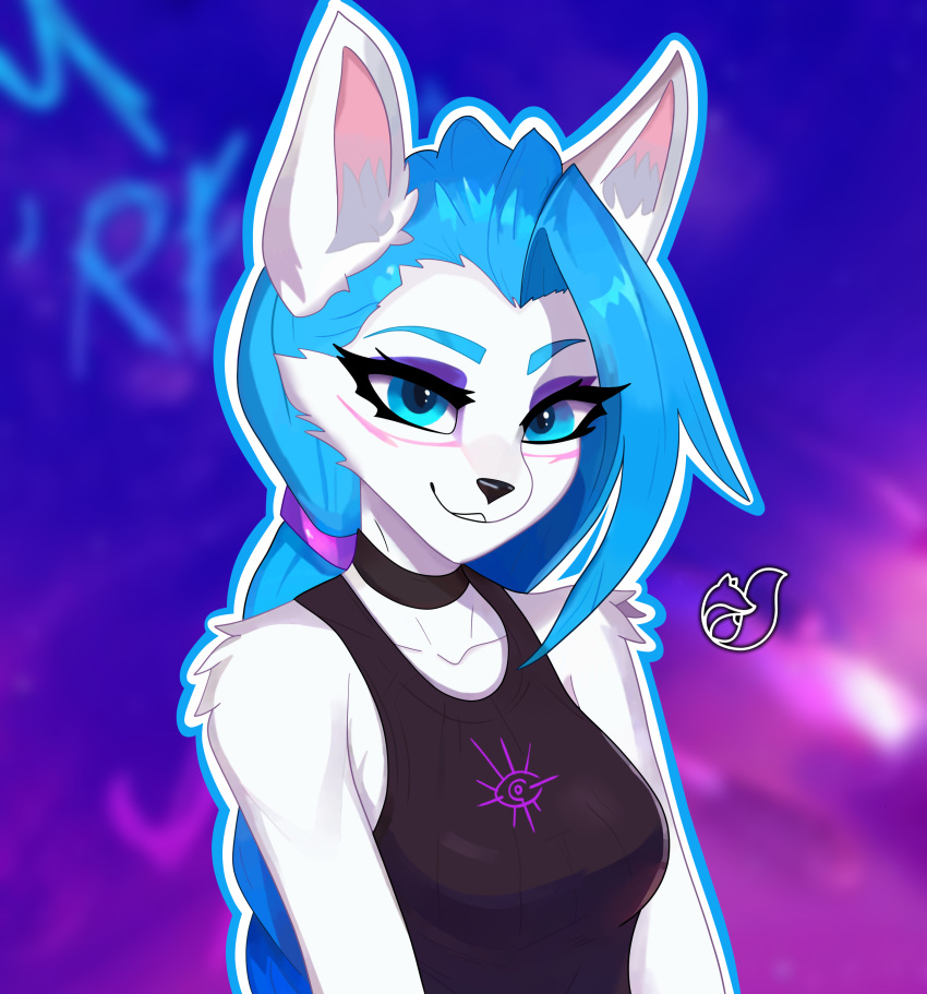absurd_res accessory anthro background_text blue_eyes blue_hair blurred_background canid canine clothing collarbone female fox glistening glistening_body glistening_eyes glistening_hair glistening_skin hair hair_accessory hairband hi_res inner_ear_fluff jinx_(character) jinx_(lol) league_of_legends long_hair mammal narrowed_eyes olivialovesfur outline purple_background riot_games shirt shoulder_tuft side_cut simple_background solo tank_top topwear tuft