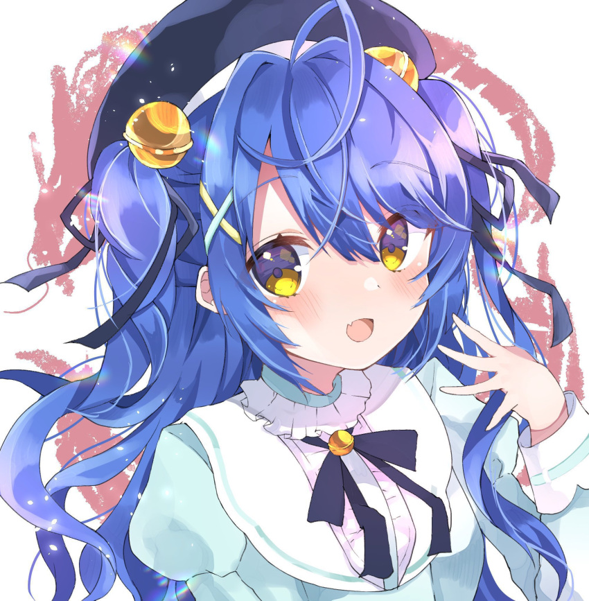 1girl ahoge amamiya_kokoro amamiya_kokoro_(1st_costume) beret black_headwear blue_hair blush fang hair_ornament hat highres juliet_sleeves long_hair long_sleeves nanakusa_miya nijisanji open_mouth puffy_sleeves skin_fang smile solo virtual_youtuber x_hair_ornament yellow_eyes