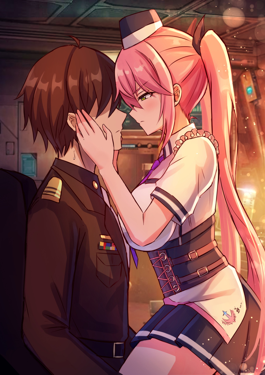absurdres black_skirt breasts brown_hair closed_mouth commander_(nikke) goddess_of_victory:_nikke green_eyes hair_between_eyes hat highres indoors jimpu6 large_breasts long_hair long_sleeves looking_at_another military_uniform pink_hair pleated_skirt quiry_(nikke) shirt short_hair short_sleeves sidelocks sitting sitting_on_lap sitting_on_person skirt squinting suit twintails uniform white_shirt