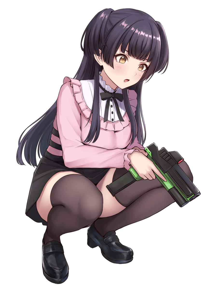 1girl absurdres black_footwear black_hair black_ribbon black_skirt black_thighhighs blunt_bangs blunt_ends commentary_request frilled_shirt_collar frills full_body goddess_of_victory:_nikke gun highres holding holding_gun holding_weapon idolmaster idolmaster_shiny_colors jirai_kei light_blush long_hair long_sleeves looking_at_object looking_down mayuzumi_fuyuko neck_ribbon open_mouth pink_shirt ribbon shirt simple_background skirt solo squatting thick_thighs thighhighs thighs two_side_up warubo weapon weapon_request white_background white_shirt yellow_eyes