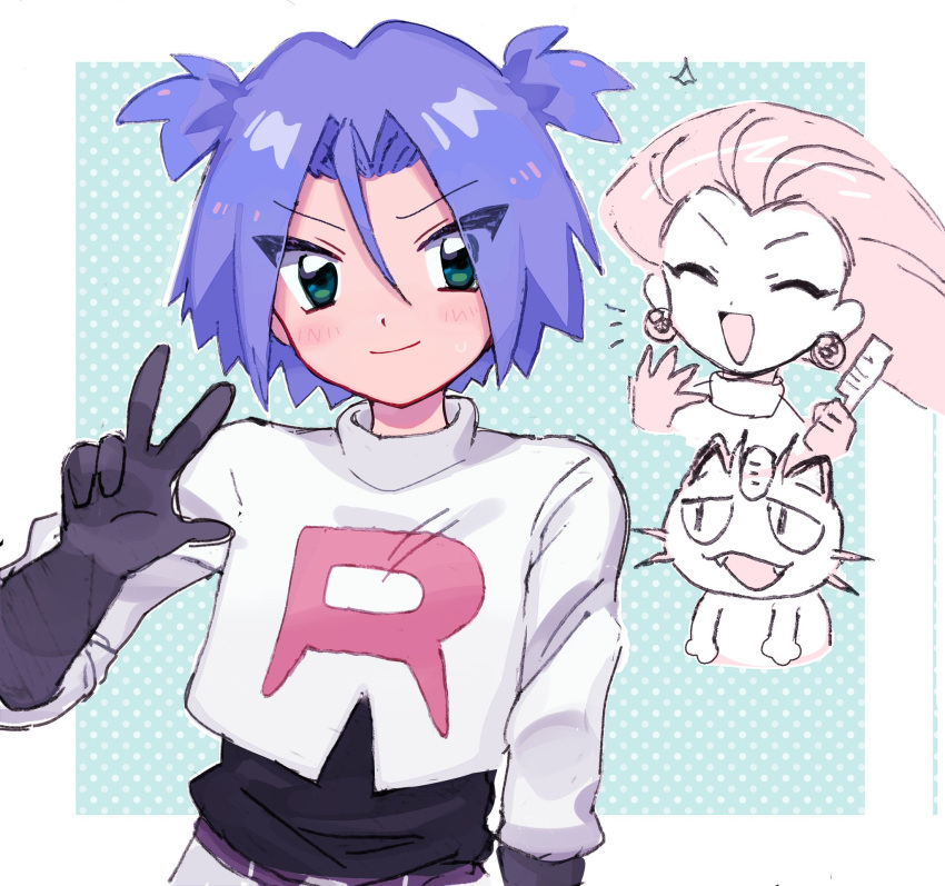 1boy 1girl ameya_(okemu_ame) blue_hair green_eyes hair_brush highres james_(pokemon) jessie_(pokemon) meowth pokemon pokemon_(anime) pokemon_(creature) short_twintails smile team_rocket twintails