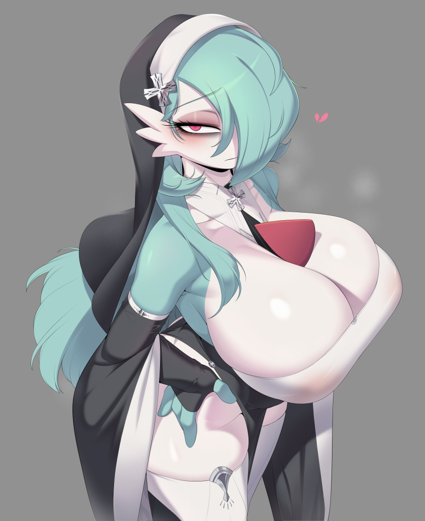 &lt;3 absurd_res bags_under_eyes big_breasts black_clothing black_dress blue_hair blush breast_squish breasts cervina7_(artist) clothing dress duo female gardevoir generation_3_pokemon glistening glistening_body habit hair hand_on_hip hi_res huge_breasts humanoid looking_at_viewer nintendo nun pokemon pokemon_(species) red_eyes shiny_pokemon squish steam thick_thighs white_body white_skin