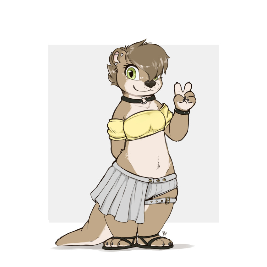 2023 absurd_res anthro brown_body brown_fur countershade_torso countershading digital_media_(artwork) female fur green_eyes hi_res looking_at_viewer louart mammal midriff mustelid otter signature simple_background smile solo standing white_background