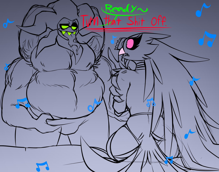 2023 anthro avian beak bed big_butt blush bodily_fluids breasts butt clothed clothing demon demon_humanoid digital_drawing_(artwork) digital_media_(artwork) duo english_text fangs female furniture green_eyes helluva_boss hi_res humanoid humanoid_on_anthro interspecies looking_pleasured male male/female mammon_(helluva_boss) mature_female mature_male musclegut muscular muscular_male open_mouth open_smile overweight overweight_male partially_clothed pink_eyes profanity quirky_fred saliva smile stella_(helluva_boss) teeth text tongue tongue_out ugly_bastard