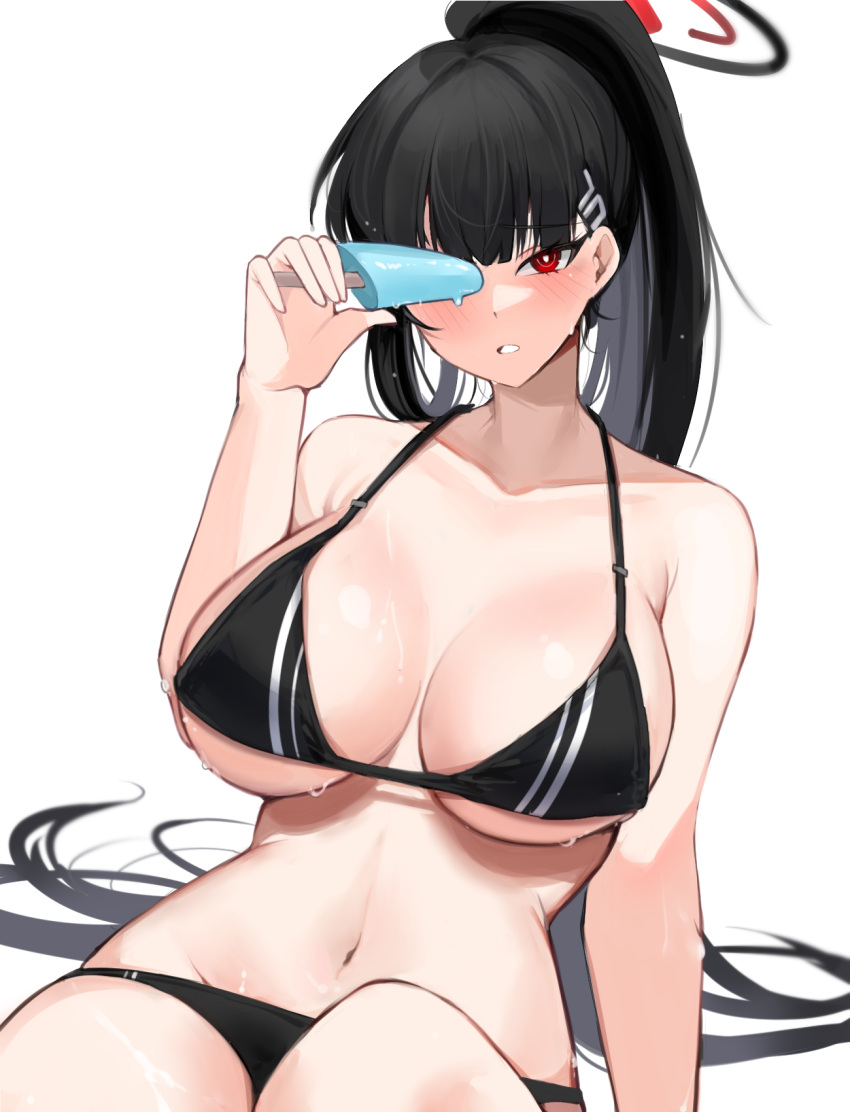 1girl alternate_costume bikini black_hair blue_archive blush breasts cleavage collarbone food halo halterneck highres holding holding_food holding_ice_cream ice_cream ice_cream_bar large_breasts long_hair looking_at_viewer mindoll navel ponytail red_eyes rio_(blue_archive) simple_background solo stomach string_bikini sweat swimsuit very_long_hair white_background