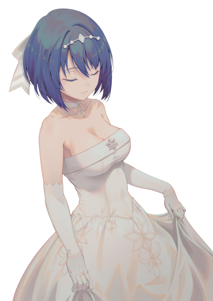 1girl alice_gear_aegis bare_shoulders blue_hair bow breasts choker cleavage closed_eyes commentary dress elbow_gloves gloves hair_bow hair_ornament hairclip highres large_breasts long_dress mia_viosin pinakes short_hair simple_background skirt_hold sleeveless sleeveless_dress smile solo strapless strapless_dress wedding_dress white_background white_choker white_dress white_gloves