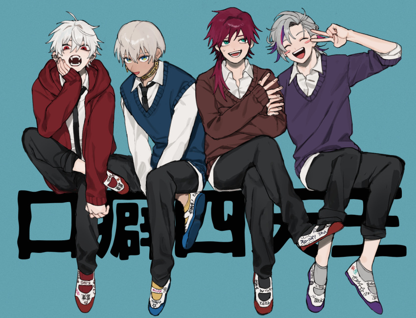 black_pants blue_background blue_eyes closed_mouth dark-skinned_male dark_skin facing_viewer fangs fuwa_minato grey_hair highres ibrahim_(nijisanji) jacket kuzuha_(nijisanji) lauren_iroas long_sleeves looking_at_viewer looking_to_the_side multicolored_hair nijisanji open_mouth pants pink_hair purple_hair red_eyes red_hair translation_request v vampire vest virtual_youtuber white_hair yoshinoa