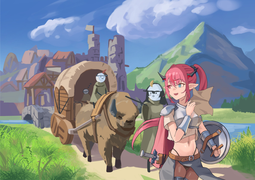 1girl absurdres armor belt blue_eyes bracer breastplate bridge building bull cloud cloudy_sky covered_wagon day elf guyrys heterochromia highres hololive hololive_english horns irys_(hololive) long_hair mercenary midriff mountain multicolored_hair nature navel outdoors pointy_ears ponytail red_hair scenery shield shift_(shiftillust) sky sword very_long_hair virtual_youtuber weapon