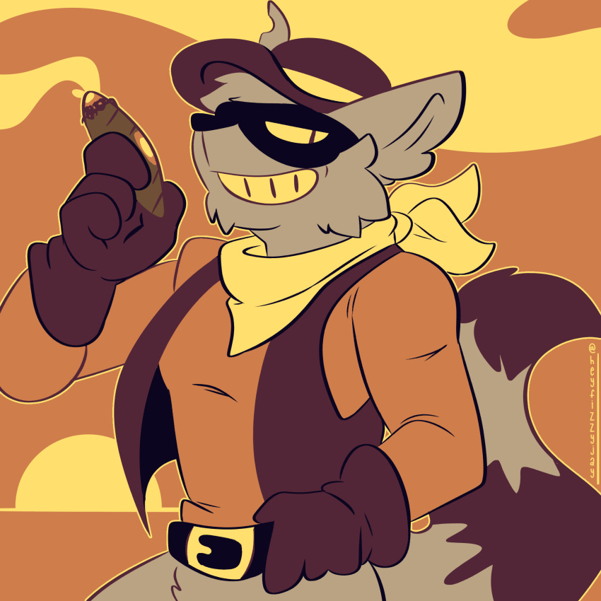 anthro cigar clothed clothing digital_media_(artwork) fizzyjay headgear headwear hi_res looking_at_viewer male mammal procyonid raccoon simple_background sly_cooper_(series) smoke smoking solo sony_corporation sony_interactive_entertainment sucker_punch_productions tennessee_kid_cooper