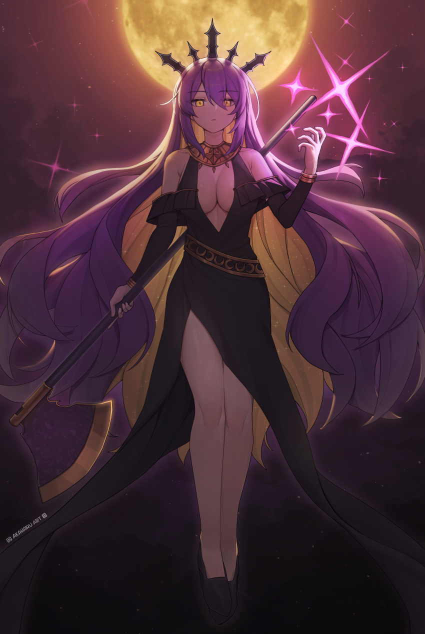 1girl absurdres akaharuu alternate_costume artist_name axe black_dress blonde_hair breasts colored_inner_hair dress full_body full_moon high_tide_(hololive) highres holding holding_axe hololive hololive_indonesia large_breasts long_hair moon moona_hoshinova multicolored_hair purple_hair tiara very_long_hair virtual_youtuber yellow_eyes