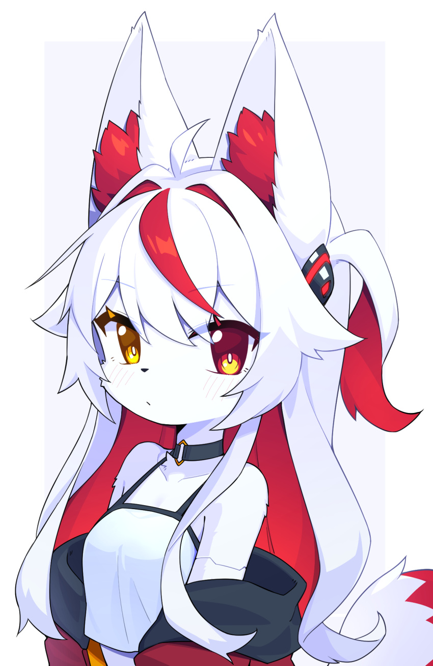 2023 ahoge anthro blush blush_lines breasts bust_portrait canid canine choker clothed clothing devil-vox digital_media_(artwork) female female_anthro fox fur hair heterochromia hi_res inner_ear_fluff jewelry kemono knia_(devil-vox) long_hair looking_at_viewer mammal multicolored_hair necklace portrait red_body red_fur red_hair small_breasts solo tail tuft white_body white_fur white_hair