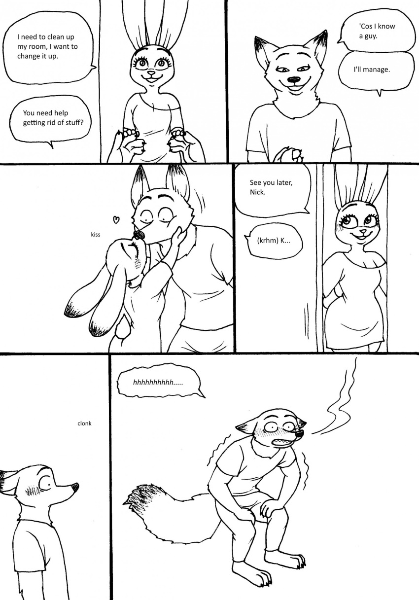 2023 3_toes 4_fingers anthro anthro_on_anthro barefoot bernielover bernielover's_college_au blush breasts canid canine claws clothed clothing comic dialogue disney duo english_text feet female finger_claws fingers fox fur hi_res hindpaw humanoid_hands judy_hopps kiss_on_lips kissing lagomorph leporid male male/female mammal nick_wilde open_mouth open_smile paws rabbit red_fox shaking shirt shocked smile surprise_kiss t-shirt tail teeth text toe_claws toes topwear tremble_spikes trembling zootopia