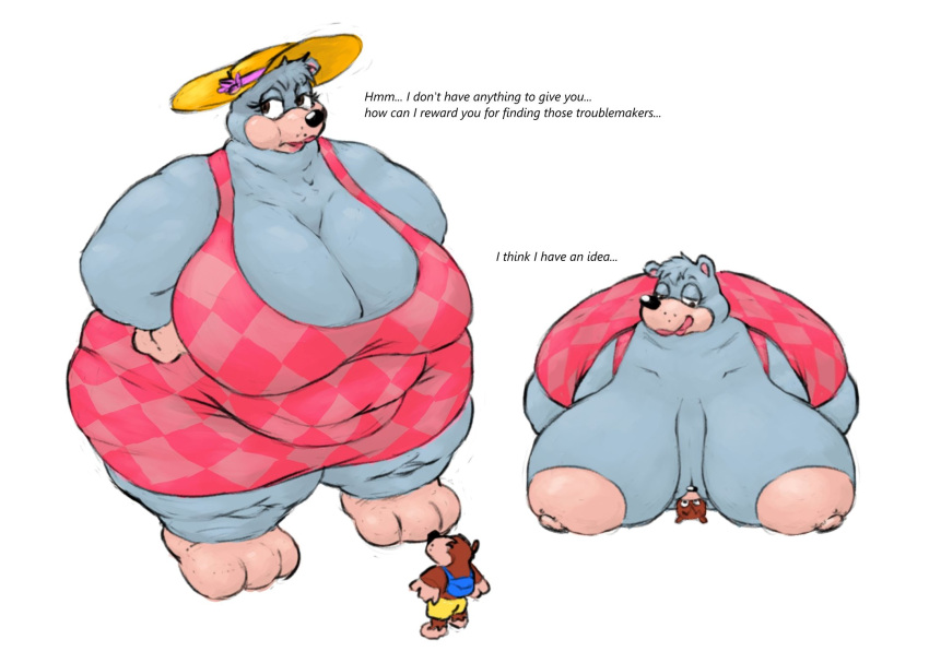 anthro banjo-kazooie banjo_(banjo-kazooie) bear belly big_breasts breasts brown_body brown_fur cleavage clothed clothing dorkass duo english_text female fur grey_body grey_fur hat headgear headwear hi_res huge_breasts larger_anthro larger_female male mammal mrs._boggy navel_outline nipples on_top overweight overweight_anthro overweight_female polar_bear rareware simple_background size_difference smaller_anthro smaller_male smothering text ursine white_background