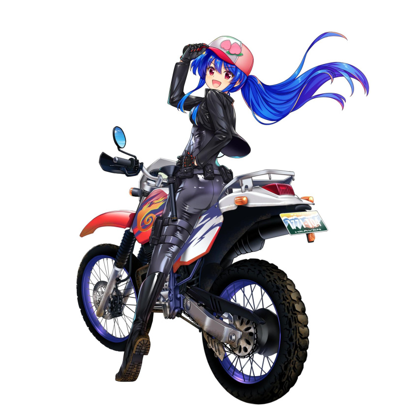 1girl :d alternate_costume alternate_hairstyle baseball_cap biker_clothes black_footwear black_jacket blue_hair boots breasts from_behind full_body game_cg grey_pants hand_on_headwear hat highres hinanawi_tenshi hinanawi_tenshi_(flaming_gale_rider) jacket leather leather_jacket long_hair long_sleeves looking_at_viewer looking_back motor_vehicle motorcycle open_mouth pants peach_print ponytail red_eyes rotte_(1109) simple_background smile solo third-party_source touhou touhou_lost_word white_background