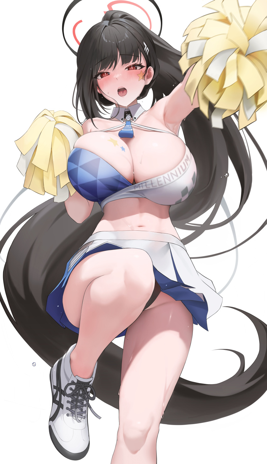 1girl absurdres armpits black_hair blue_archive blunt_bangs blush breasts cheering cheerleader crop_top facial_mark hair_ornament hairclip halo highres holding holding_pom_poms huge_breasts long_hair looking_at_viewer midriff millennium_cheerleader_outfit_(blue_archive) navel open_mouth panties panty_peek pom_pom_(cheerleading) red_eyes rio_(blue_archive) rkin shoes skirt sneakers solo star_(symbol) star_facial_mark star_sticker star_tattoo sticker_on_face stomach sweat tattoo text_print thighs two-tone_skirt underwear very_long_hair white_background white_skirt