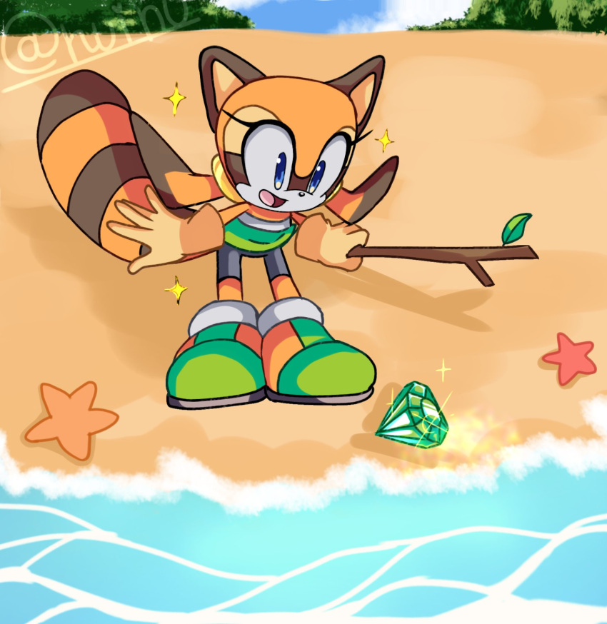 2023 5_fingers anthro beach biped blue_eyes brown_markings clothed clothing day eyelashes female fingers footwear full-length_portrait fur gem gloves handwear hi_res mammal marine_the_raccoon markings nuinu_17 orange_body orange_fur portrait procyonid raccoon ring_(marking) ringtail seaside sega shoes solo sonic_the_hedgehog_(series) standing tail tail_markings twig water young