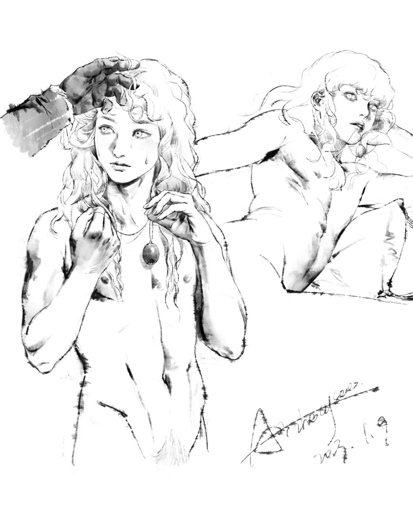1boy adjusting_another's_hair aizheajsee androgynous behelit berserk completely_nude dated gloves greyscale griffith_(berserk) hand_on_another's_head hands_up highres jewelry long_hair long_sleeves looking_at_another looking_at_viewer looking_to_the_side lying monochrome mouth_hold multiple_views navel necklace nipples nude on_side out_of_frame pendant signature simple_background wavy_hair wet