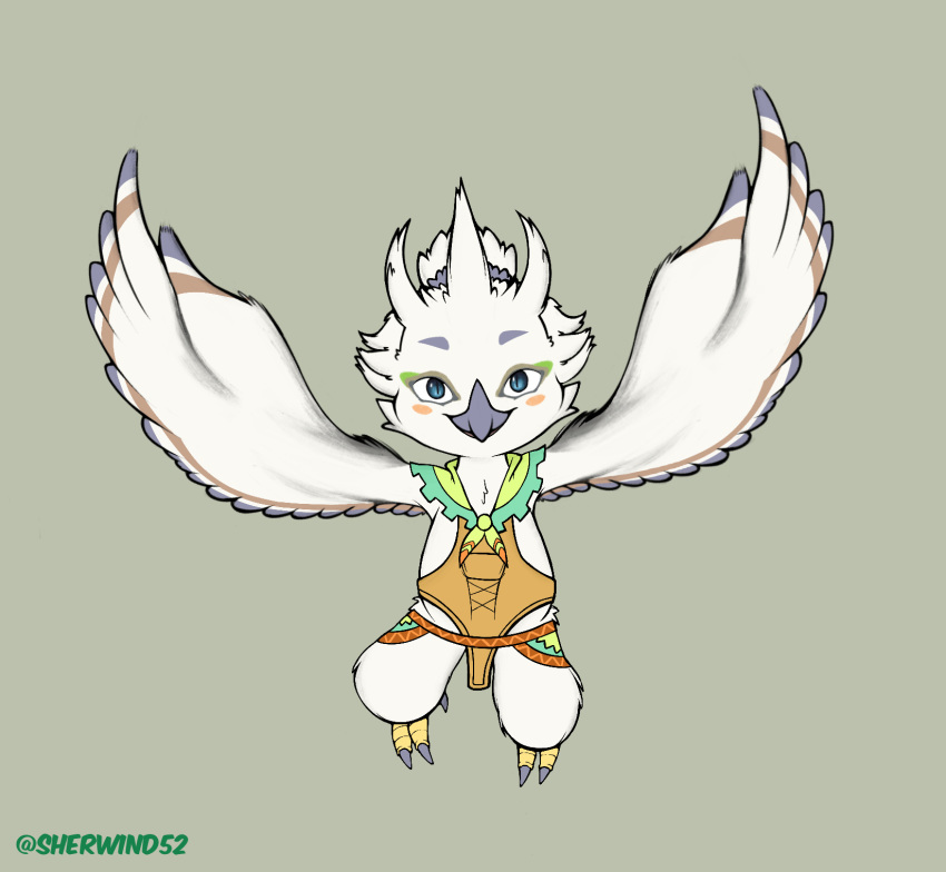 avian beak claws clothed clothing feathers fluffy flying grey_beak hi_res male markings nintendo rito shaded sherwind52 simple_background smile solo spread_wings the_legend_of_zelda tulin_(zelda) white_body white_feathers wings
