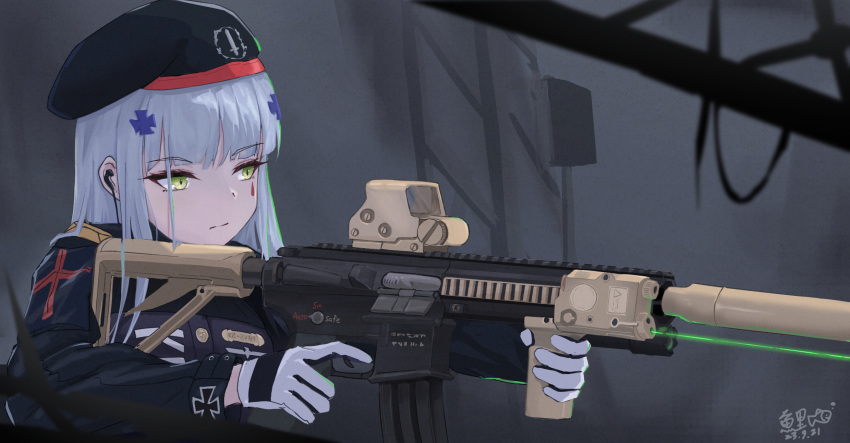 1girl artist_name assault_rifle beret black_headwear blurry blush breasts closed_mouth facial_mark fingerless_gloves girls'_frontline gloves green_eyes gun h&amp;k_hk416 hair_ornament hairclip handgun hat highres hk416_(girls'_frontline) holding holding_gun holding_weapon jacket lkovn956271 long_hair long_sleeves looking_at_viewer military open_mouth parted_lips rifle signature solo teardrop trigger_discipline uniform upper_body weapon white_gloves