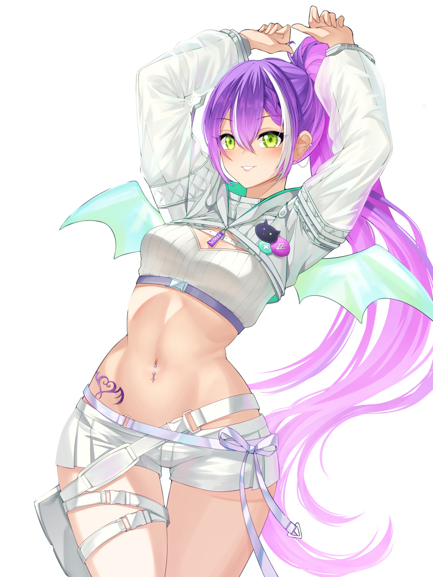 1girl absurdres arms_up bandeau belt braid braided_bangs breasts buyange character_name chest_strap commentary_request contrapposto cowboy_shot demon_wings ear_piercing french_braid gradient_hair green_eyes grin high_ponytail highres hip_tattoo hololive hooded_shrug korean_commentary long_hair long_sleeves looking_at_viewer medium_breasts midriff multicolored_hair navel navel_piercing piercing pink_hair ponytail purple_hair ribbed_bandeau ribbon see-through see-through_sleeves short_shorts shorts simple_background smile snap-fit_buckle solo stomach streaked_hair thigh_belt thigh_gap thigh_pouch thigh_strap tokoyami_towa tokoyami_towa_(5th_costume) very_long_hair virtual_youtuber white_background white_bandeau white_belt white_hair white_ribbon white_shorts white_shrug white_tail white_wings wide_hips winged_heart_tattoo wings zipper_pull_tab