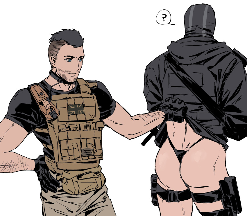 2boys ? absurdres ass back bara black_gloves black_hair black_jacket black_male_underwear black_shirt blue_eyes brown_pants bulletproof_vest call_of_duty call_of_duty:_modern_warfare_2 closed_mouth facial_hair ghost_(modern_warfare_2) gloves highres hood hood_down hooded_jacket jacket knife_sheath looking_at_another male_focus male_underwear mask multiple_boys muscular muscular_male pants sheath shirt short_hair smile soap_(modern_warfare_2) taocan_shisi_hao thong underwear yaoi