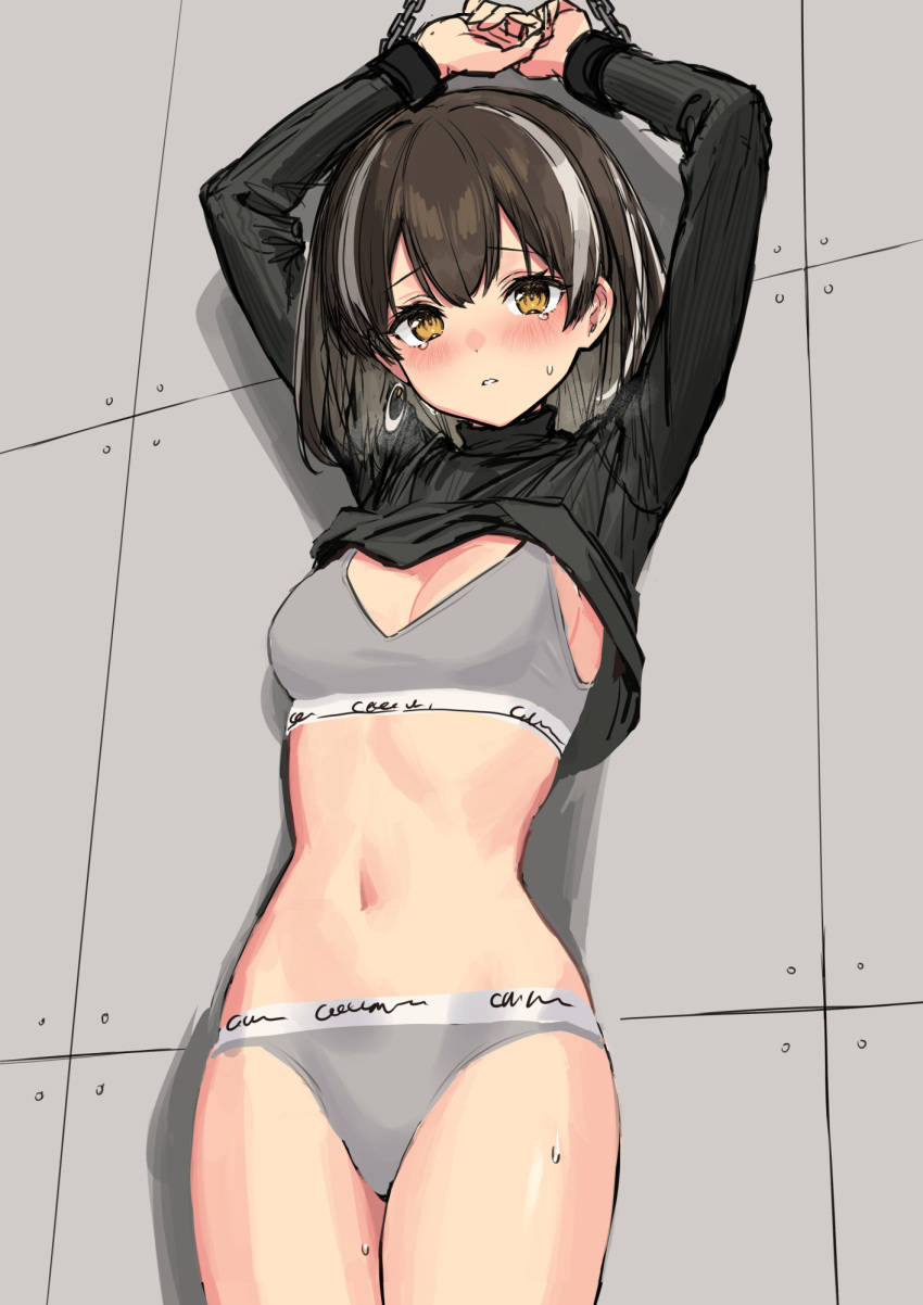 1girl arknights arms_up bdsm black_hair black_sweater blush bondage bound bound_wrists breasts cleavage clothes_lift cowboy_shot grey_panties grey_sports_bra highres long_sleeves looking_ahead looking_at_viewer magallan_(arknights) multicolored_hair navel no_pants panties parted_lips restrained short_hair sigm@ sketch solo sports_bra stomach streaked_hair sweater sweater_lift tears two-tone_hair underwear variant_set white_hair yellow_eyes