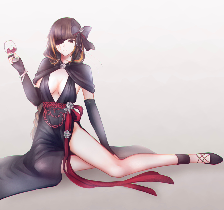 absurdres alcohol black_dress black_hair breasts brown_eyes dress eyepatch girls'_frontline highres legs m16a1_(blazer_of_the_trail)_(girls'_frontline) m16a1_(girls'_frontline) scar smile wine