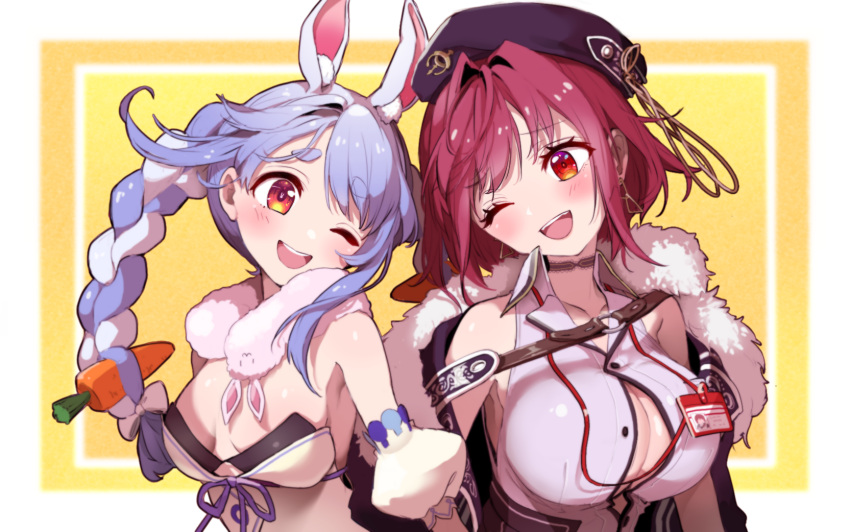 2girls ;d animal_ears blue_hair blush blush_stickers breasts button_gap collared_shirt detached_sleeves don-chan_(usada_pekora) dress empire_waist ena1215 extra_ears eye_contact highres hololive houshou_marine houshou_marine_(6th_costume) id_card lanyard long_hair looking_at_another multicolored_hair multiple_girls one_eye_closed open_mouth partially_unbuttoned puffy_detached_sleeves puffy_sleeves rabbit-shaped_pupils rabbit_ears red_eyes red_hair shirt short_eyebrows short_hair sleeveless sleeveless_shirt small_breasts smile strapless strapless_dress swept_bangs symbol-shaped_pupils thick_eyebrows two-tone_hair usada_pekora usada_pekora_(1st_costume) virtual_youtuber white_hair white_shirt white_sleeves