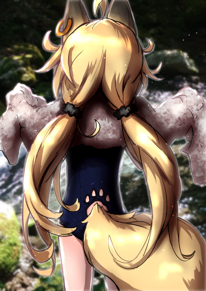 1girl ahoge animal_ears blonde_hair blue_one-piece_swimsuit earrings fox_ears fox_girl fox_tail from_behind highres jewelry kazekiri long_hair low_twintails messy_hair one-piece_swimsuit original outdoors school_swimsuit scrunchie single_earring solo swimsuit tail tail_through_clothes towel twintails white_towel