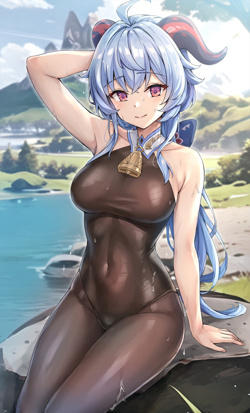 1girl ahoge bare_shoulders bell blue_hair bodystocking bodysuit breasts closed_mouth commentary_request covered_navel cowbell ganyu_(genshin_impact) genshin_impact goat_horns highres horns kotatsu_(kotatsu358) long_hair looking_at_viewer medium_breasts neck_bell outdoors pantyhose purple_eyes sitting skin_tight smile solo thighs