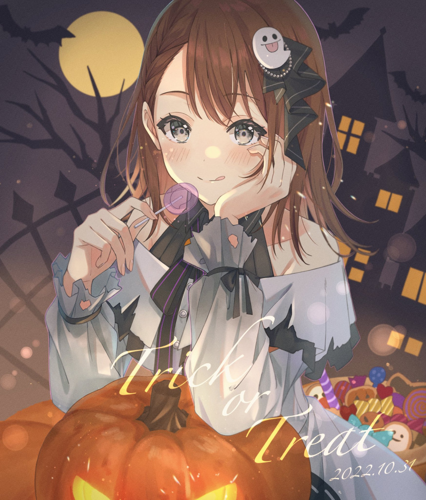 1girl bat_(animal) black_eyes brown_hair buttons candy commentary_request dated dot_nose food full_moon ghost_hair_ornament halloween hanasato_minori hand_on_own_face hands_up highres holding holding_candy holding_food holding_lollipop jack-o'-lantern lollipop long_hair long_sleeves moon nasubi_777777 off_shoulder project_sekai solo tongue tongue_out