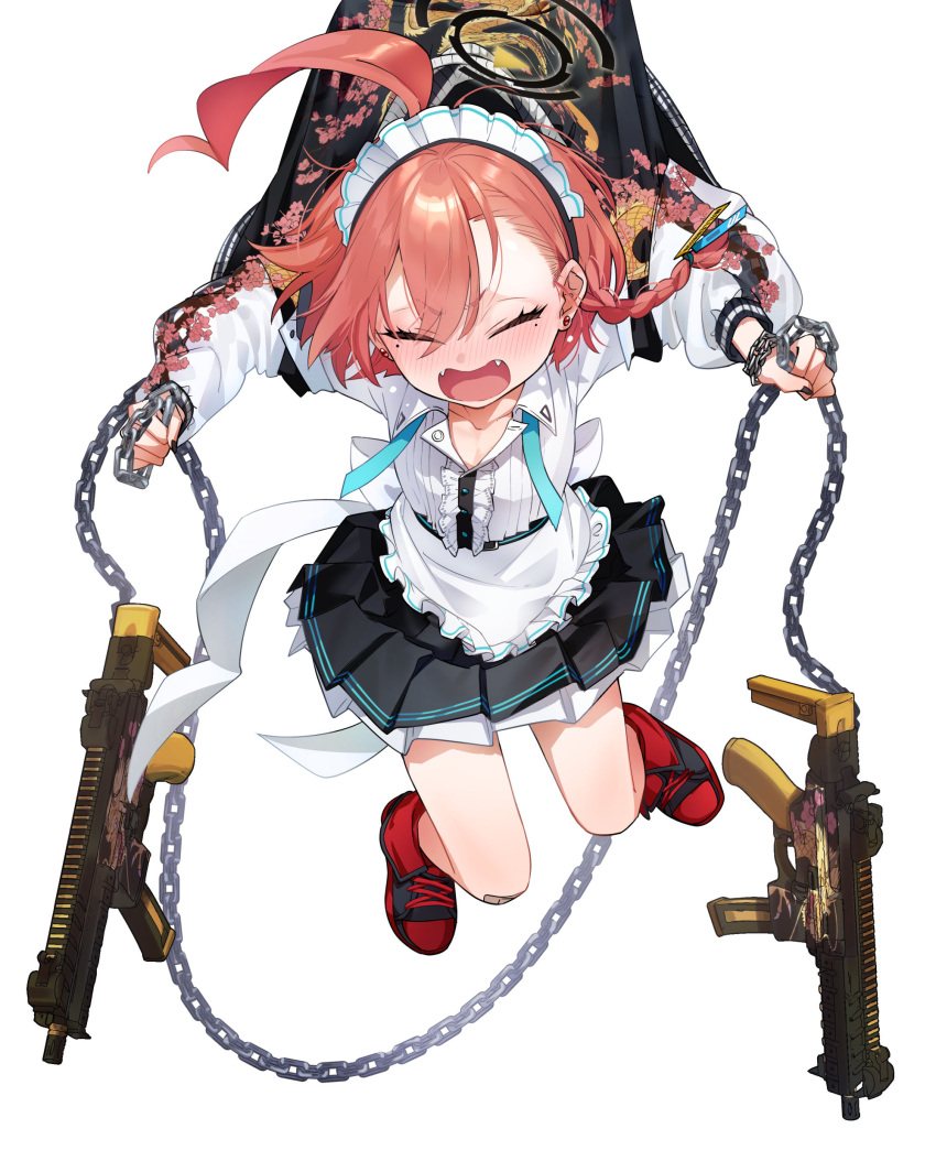 1girl absurdres ahoge apron black_dress black_skirt blue_archive blush center_frills chain closed_eyes collared_shirt dress fangs frilled_apron frills full_body gun hair_between_eyes halo highres huge_ahoge jacket mole mole_under_eye neru_(blue_archive) open_mouth pleated_skirt red_footwear red_hair shirt shoes short_hair simple_background skirt solo sukajan weapon white_apron white_background white_shirt yanyo_(ogino_atsuki)