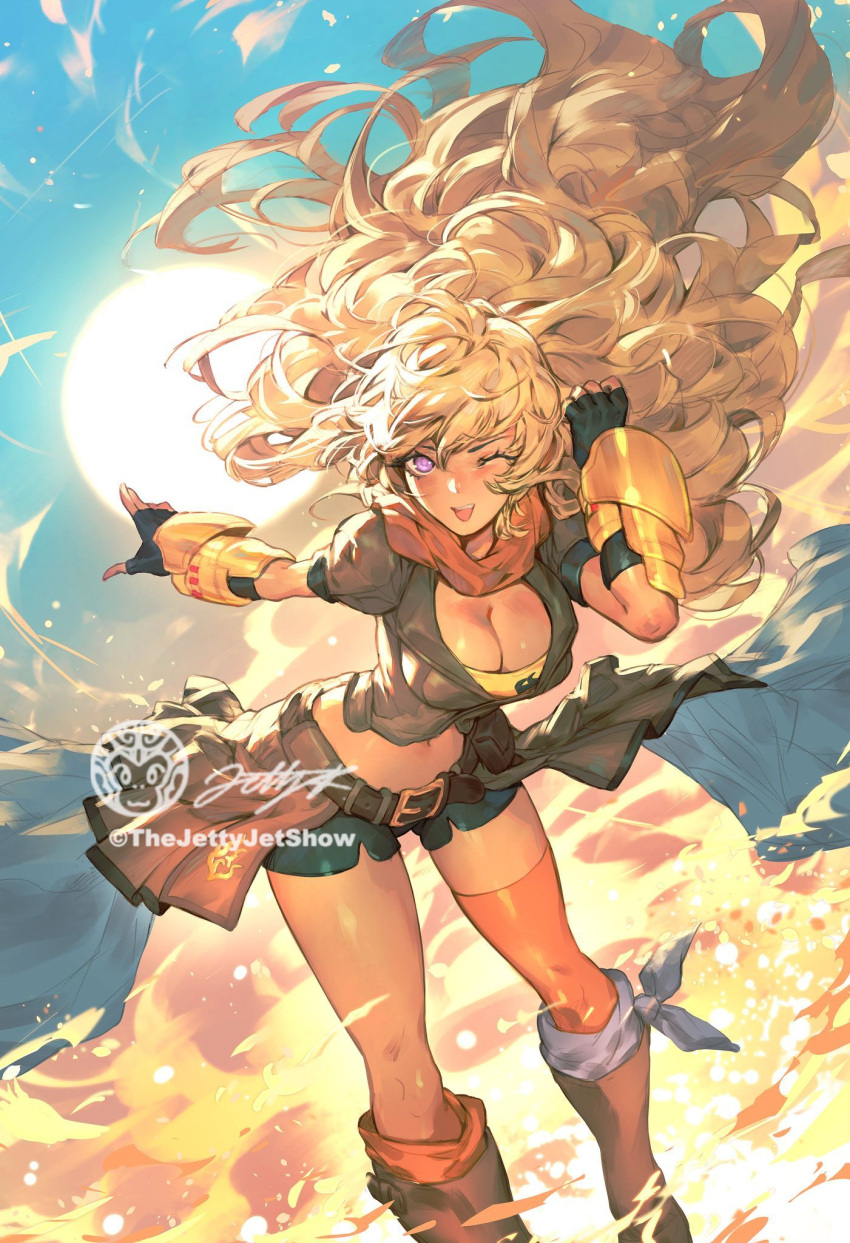 1girl backlighting belt belt_buckle big_hair black_gloves black_shorts blonde_hair boots breasts brown_footwear buckle cleavage commentary commission english_commentary fingerless_gloves gloves highres jet_kimchrea knee_boots large_breasts long_hair midriff navel one_eye_closed orange_thighhighs purple_eyes rwby shorts showgirl_skirt single_thighhigh solo sun teeth thighhighs upper_teeth_only vambraces very_long_hair watermark wind wind_lift yang_xiao_long