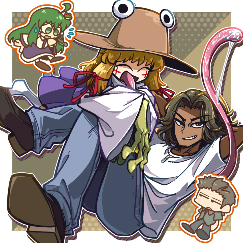 2boys 2girls amerika_zarigani arms_behind_head blonde_hair blue_skirt brown_eyes brown_footwear brown_hair chibi chibi_inset closed_eyes collared_shirt commentary_request cookie_(touhou) cross english_commentary facepaint flying_sweatdrops frog_hair_ornament full_body go_(inmu) green_eyes green_hair grin hair_ornament hair_ribbon highres kaibara_elena_(cookie) kochiya_sanae long_sleeves long_tongue looking_at_viewer majime-kun manatsu_no_yo_no_inmu mixed-language_commentary moriya_suwako multiple_boys multiple_girls open_mouth parted_bangs paseri_(cookie) purple_skirt purple_vest red_ribbon ribbon shirt shoes short_hair single_hair_tube skirt sleeves_past_wrists smile sweatdrop tan tongue touhou vest white_shirt wide_sleeves