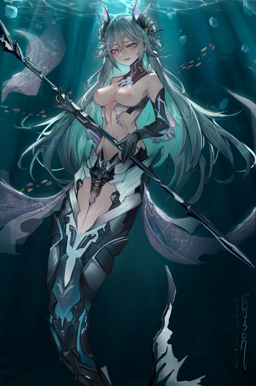 1girl absurdres ankle_fins aqua_hair arm_fins blush breasts caustics collar colored_inner_hair crossed_bangs dated edison_(mvpg8237) embarrassed fins fish full_body hair_between_eyes head_fins highres holding_trident lamia_(punishing:_gray_raven) long_hair mechanical_arms mechanical_tail medium_breasts mermaid monster_girl multicolored_hair nipples open_mouth punishing:_gray_raven purple_eyes ringed_eyes shell_hair_ornament sidelocks solo tail topless underwater very_long_hair