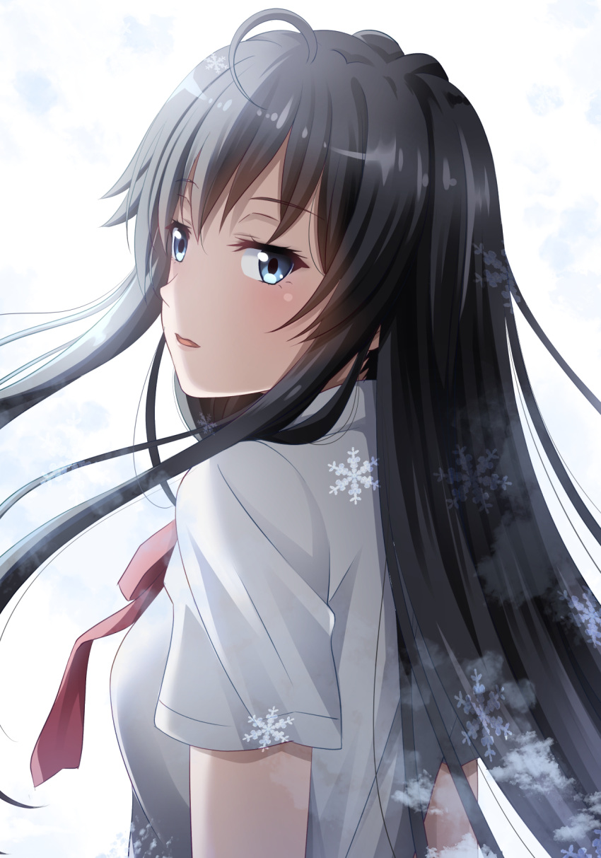 1girl black_hair blue_eyes cropped_arms facing_away floating_hair hair_ornament hair_stick highres light_blush long_hair looking_at_viewer momokekka_jiru open_mouth red_ribbon ribbon school_uniform shirt snowflakes solo straight_hair white_background white_shirt yahari_ore_no_seishun_lovecome_wa_machigatteiru. yukinoshita_yukino