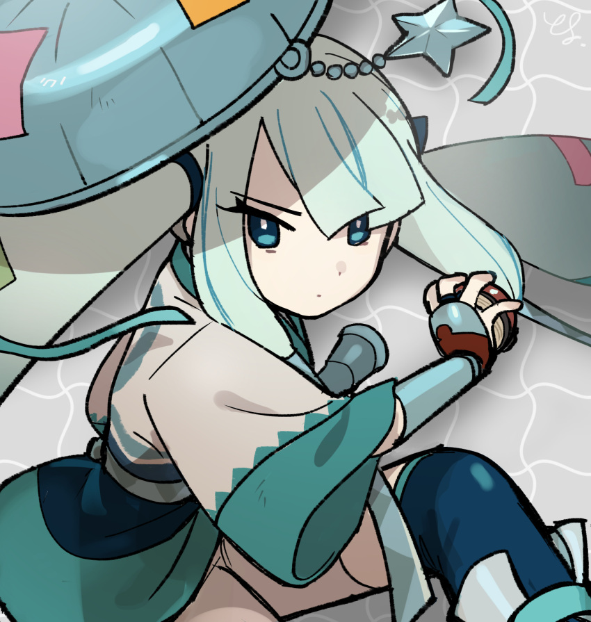 1girl aqua_hair aqua_headwear aqua_skirt blue_eyes blue_hair blue_skirt blue_theme bright_pupils flute grey_background hair_between_eyes hat hat_ornament hatsune_miku highres holding holding_poke_ball instrument japanese_clothes kimono long_hair miniskirt multicolored_hair no_sclera poke_ball poke_ball_(legends) poke_flute pokemon pokemon_(creature) project_voltage sandogasa shorts shorts_under_skirt skirt solo star_(symbol) star_hat_ornament steel_miku_(project_voltage) tanzaku toyosaka twintails two-tone_hair two-tone_skirt vocaloid white_kimono white_pupils white_shorts wide_sleeves