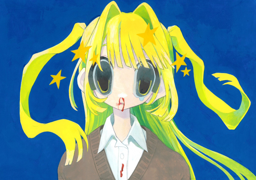 1girl blonde_hair blood blood_on_clothes blue_background brown_cardigan cardigan collared_shirt floating_hair hair_intakes highres long_hair looking_at_viewer momose_kikuka nosebleed original painting_(medium) parted_lips seeing_stars shirt simple_background single_tear solo star_(symbol) straight-on traditional_media two_side_up upper_body white_shirt