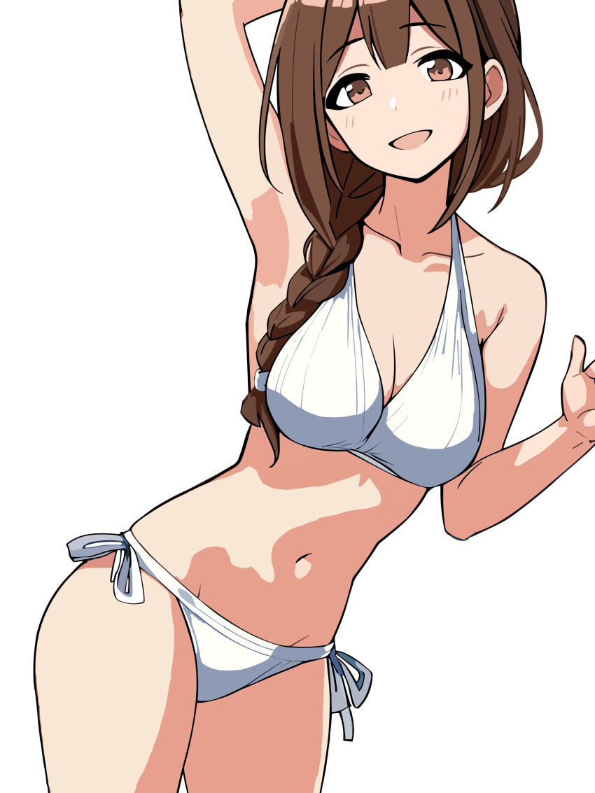 1girl absurdres arm_up bikini braid breasts brown_eyes brown_hair collarbone cropped_legs dutch_angle highres hikari_(hikaring3120) idolmaster idolmaster_shiny_colors kuwayama_chiyuki looking_at_viewer navel open_mouth side-tie_bikini_bottom simple_background solo standing swimsuit white_background white_bikini