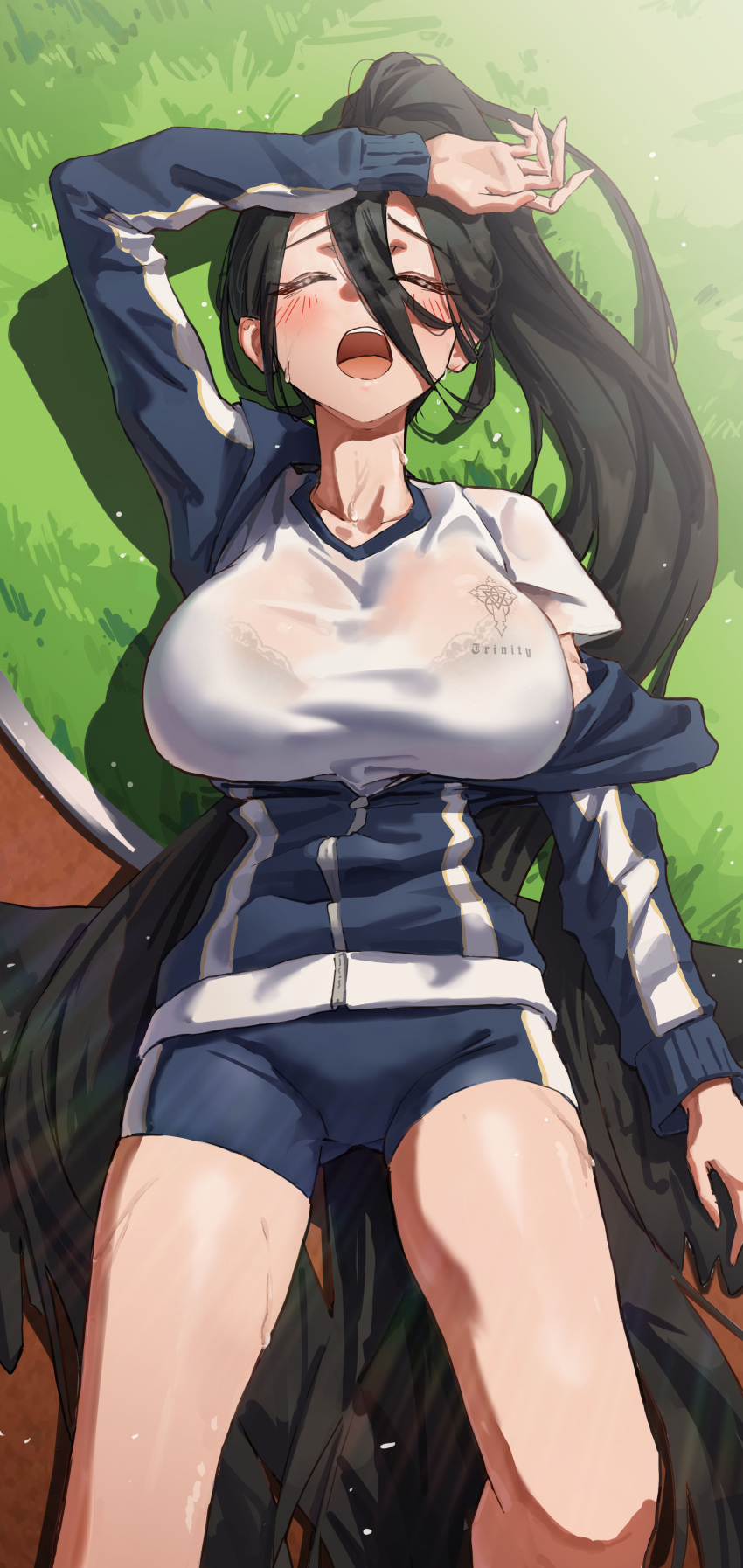 1girl absurdres arm_up black_hair black_wings blue_archive blue_jacket breasts closed_eyes day exhausted gym_shirt gym_shorts gym_uniform hasumi_(blue_archive) hasumi_(track)_(blue_archive) highres jacket jhigf large_breasts long_hair low_wings lying official_alternate_costume on_back on_grass open_mouth outdoors partially_unzipped running_track see-through see-through_shirt shirt shorts solo sweat track_jacket wings