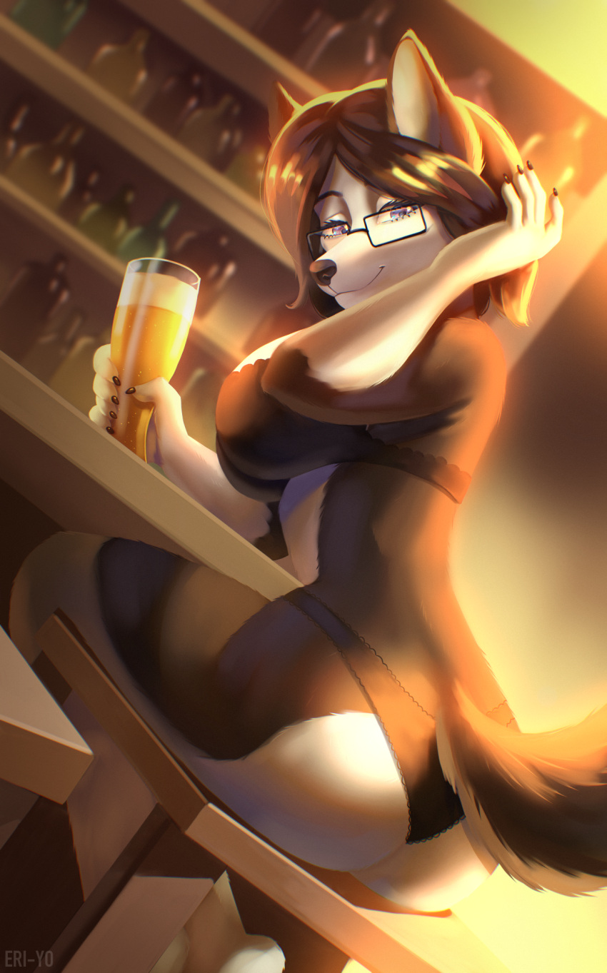 2023 5_fingers anthro black_hair blue_body blue_fur breasts clothed clothing detailed_background digital_media_(artwork) eri-yo eyebrows eyelashes eyewear female fingers fur glasses hair hi_res looking_at_viewer orange_eyes sitting smile