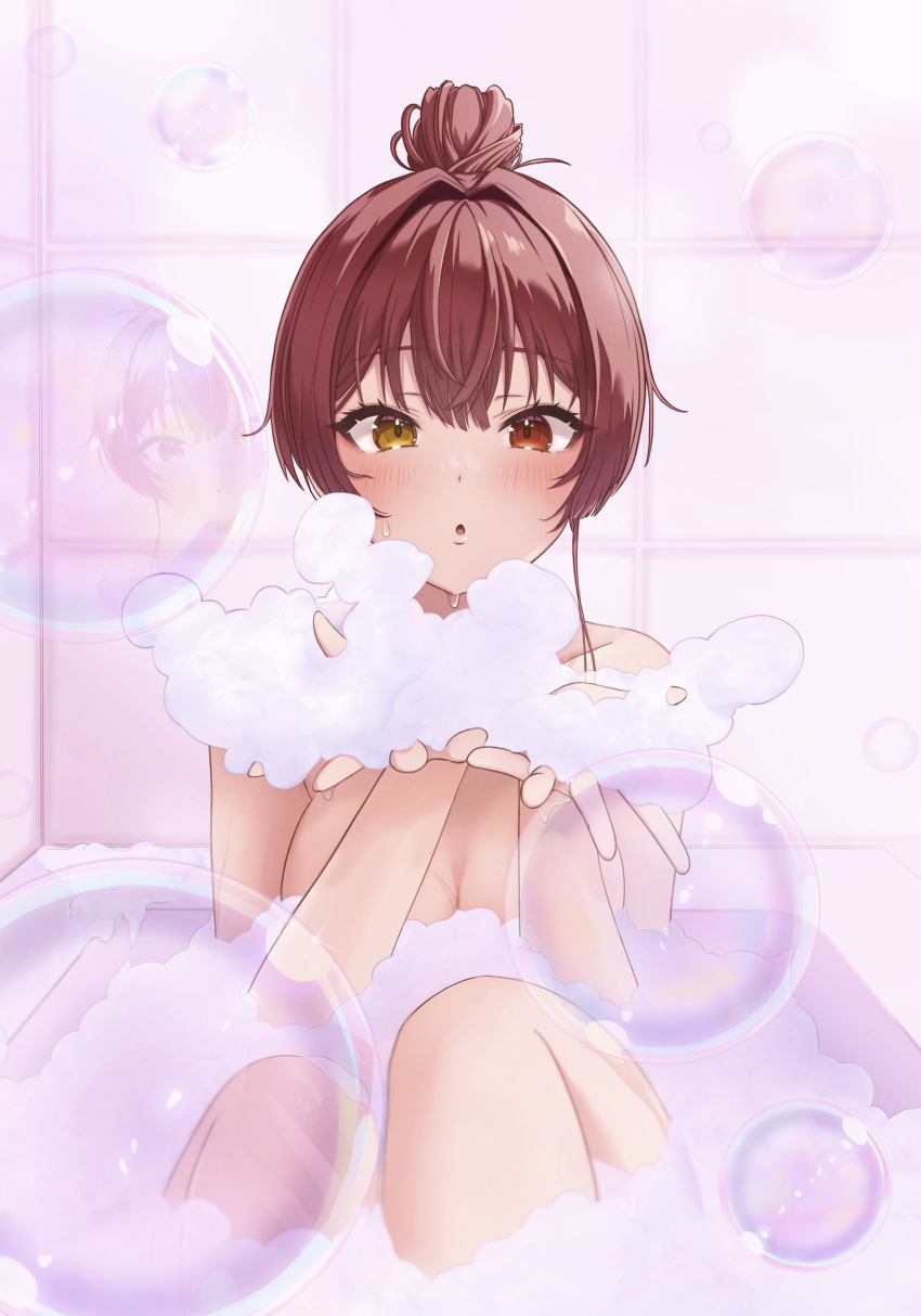 1girl absurdres alternate_hairstyle bath bathing bathtub blush breasts bubble bubble_bath commentary completely_nude feet_out_of_frame hair_bun hair_intakes heterochromia highres hololive houshou_marine looking_at_viewer medium_breasts mt_mozuku nude own_hands_together parted_lips puckered_lips red_eyes reflection short_hair solo tile_wall tiles virtual_youtuber wet yellow_eyes
