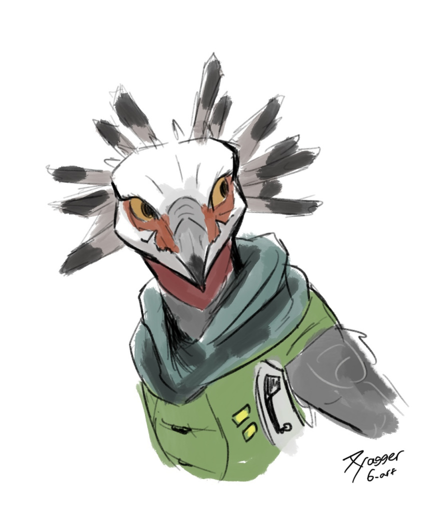 akilae06 alien anthro avian avian_caruncle beak clothing colored colored_sketch fangs feather_hair feathered_crest feathers female green_clothing grey_body grey_feather_hair grey_feathers grey_skin halo_(series) head_crest hi_res kig-yar looking_aside looking_away microsoft pseudo_hair red_neck scalie shemagh simple_background sketch solo t'vaoan teeth vel_(akilae06) white_body white_skin xbox_game_studios yellow_eyes
