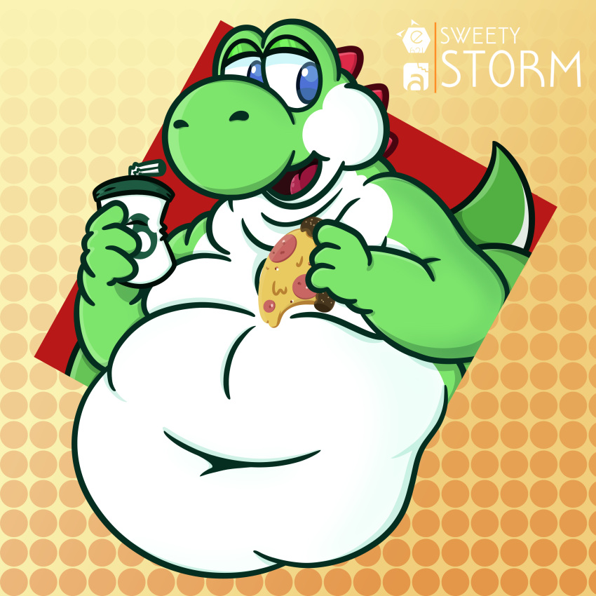 1:1 2023 absurd_res anthro belly big_belly blue_eyes colored digital_media_(artwork) dinosaur eating food green_body green_yoshi hanging_belly hi_res holding_food holding_object male mario_bros nintendo obese open_mouth overweight overweight_male pizza pizza_slice reptile scalie simple_background smile soda_cup solo solo_focus sweety_storm watermark weight_gain yoshi yoshi_(character)