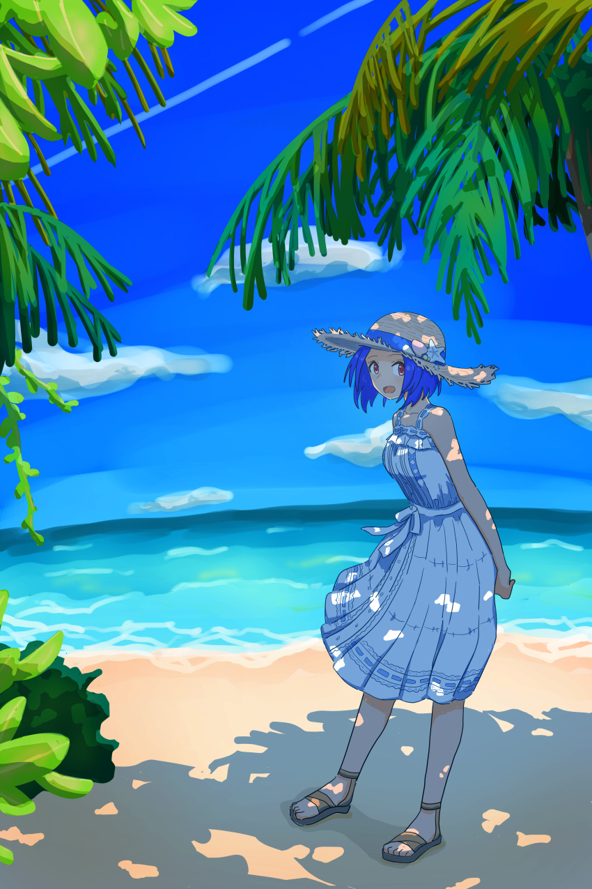 1girl absurdres branch bush cloud collarbone dappled_sunlight dress eco_(rzgs7543) full_body hat highres idolmaster looking_at_viewer miura_azusa open_mouth outdoors palm_tree red_eyes sandals short_hair solo straw_hat summer sunlight tree white_dress