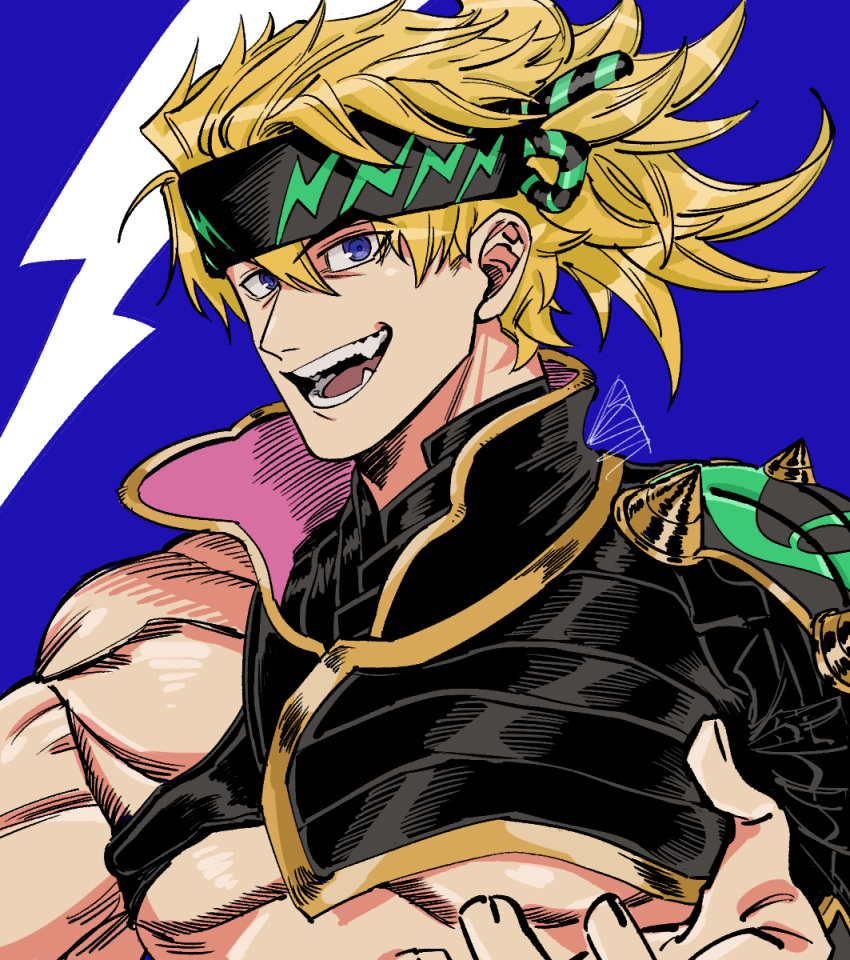 1boy blonde_hair blue_eyes carota327 fang fate/grand_order fate_(series) headband highres igote male_focus muscular muscular_male official_alternate_costume pectorals sakata_kintoki_(fate) sakata_kintoki_(heian_warrior_attire)_(fate) single_bare_shoulder solo